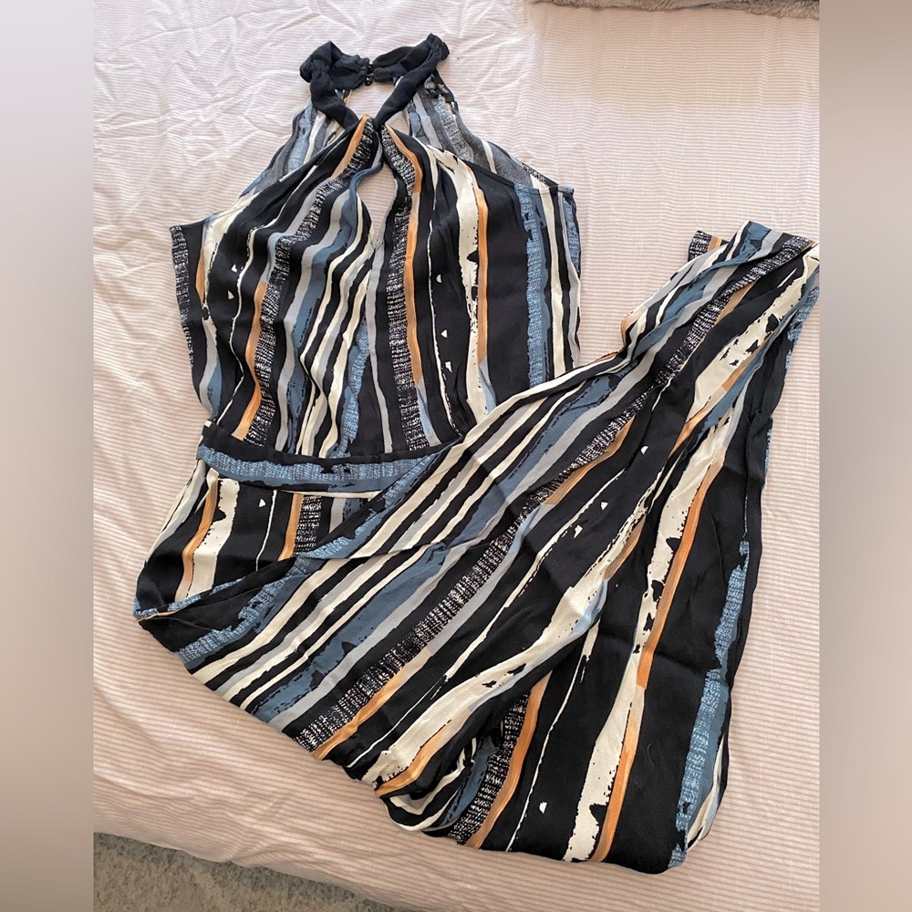 Ella Moss Halter Summer Jumpsuit, Multi Color blue/black stripe